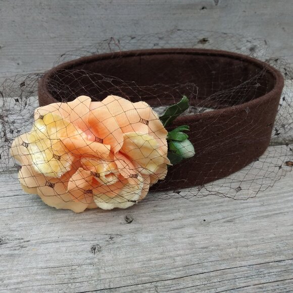 Vintage Brown Ring Hat with Netting and Orange Flower Bandeau Crown Autumn - Picture 1 of 8